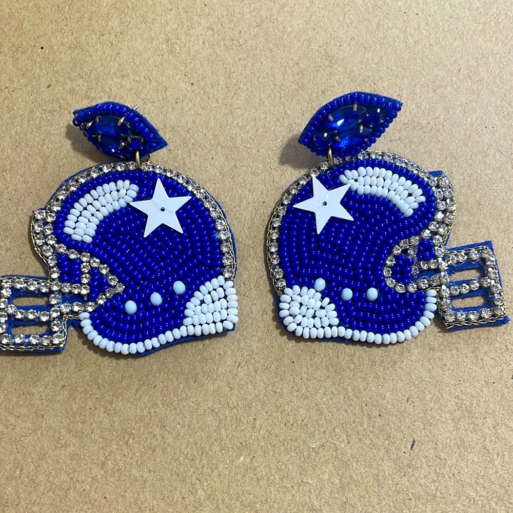 🎉💙Blue White Game Day Beaded Rhinestone Helmet Earrings